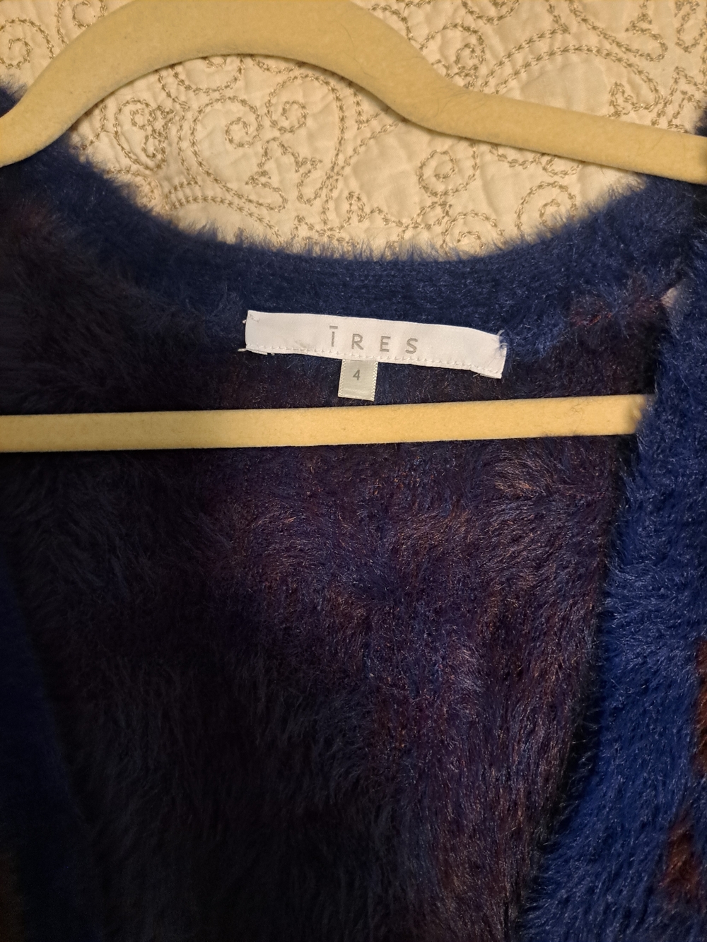 Tres Blue and Brown Checkered Fuzzy Cardigan Sweater And Pencil Skirt - Picture 2 of 5